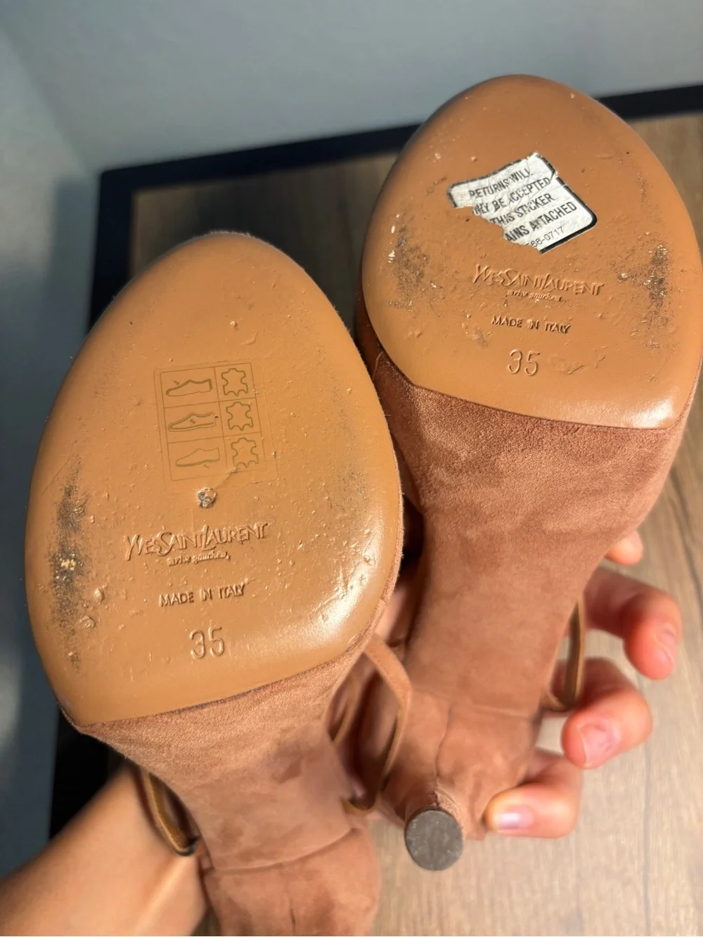 Saint Lauren Size EU 35 Women's Tan Suede Platform Heels with Ankle Tie Rose